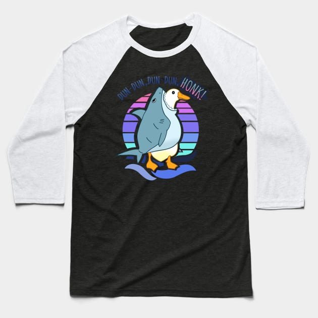 Dun Dun, Dun Dun, HONK! Funny Shark Goose Baseball T-Shirt by FandomizedRose